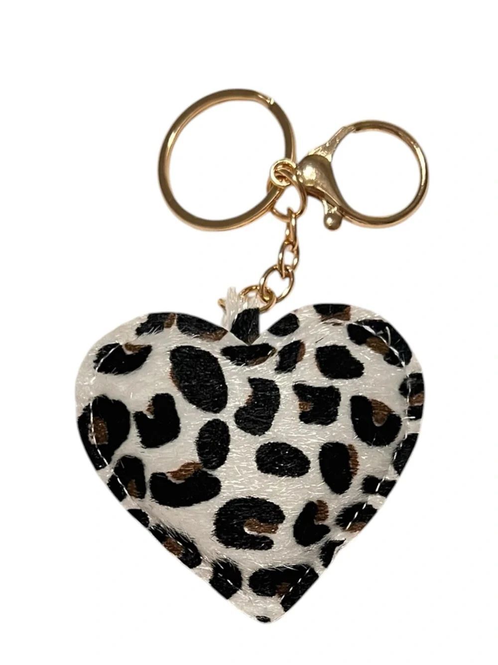 White Leopard Print Faux Fur Heart Keychain Bag Charm